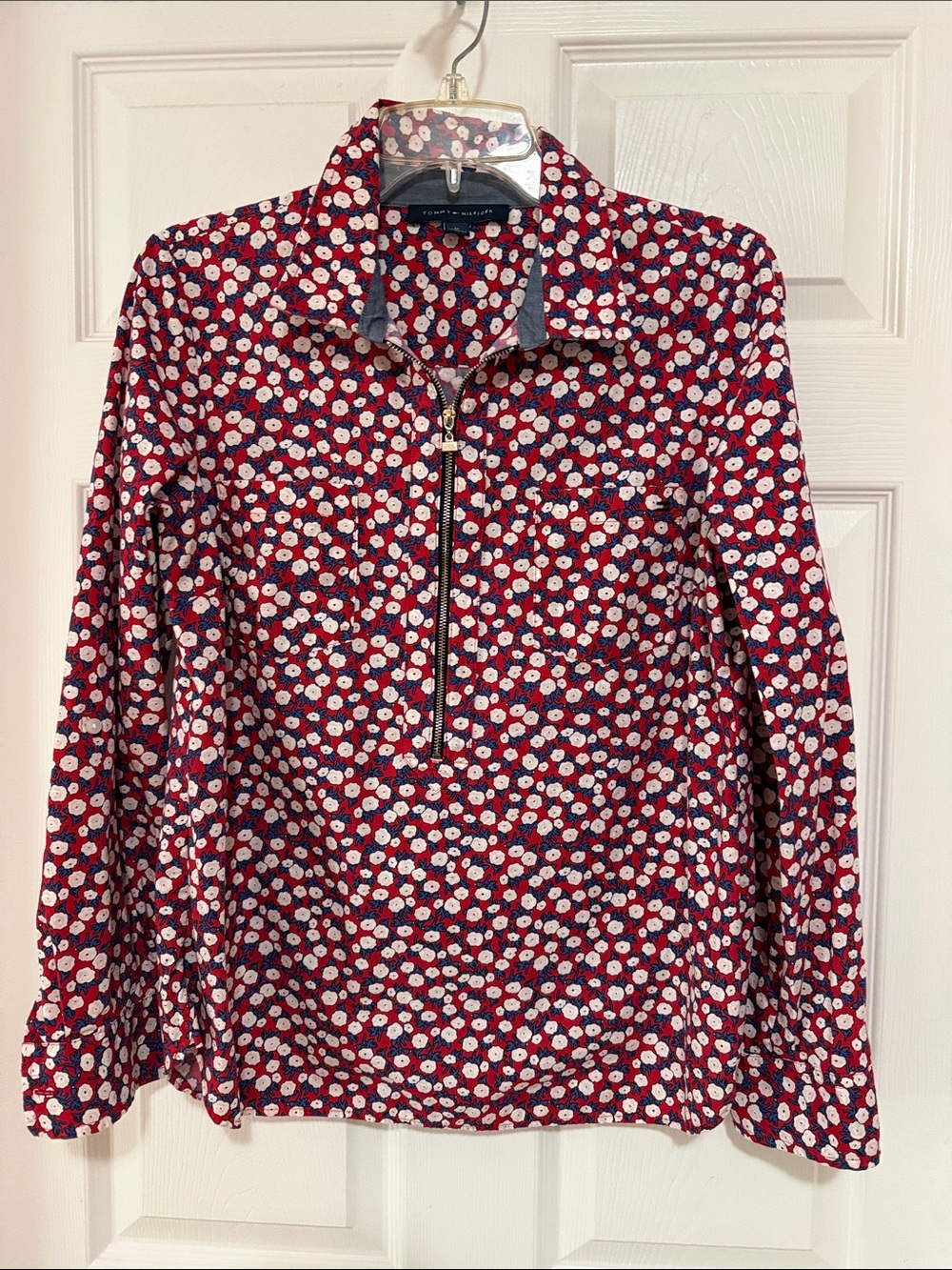Tommy Hilfiger Red Floral Half-Zip Pullover with Navy Accents